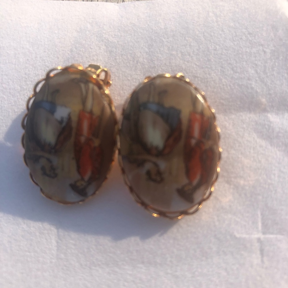 Vintage Painted  Victorian Theme Clip Earrings